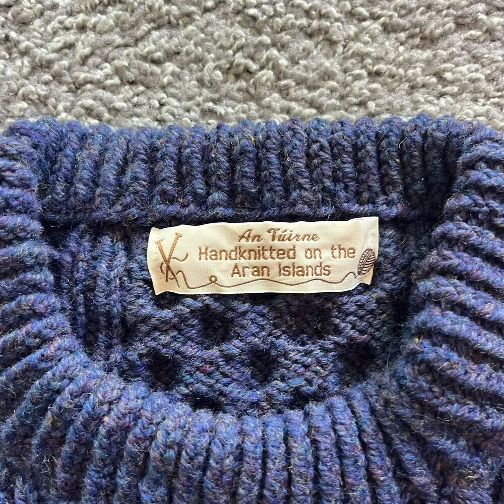Vintage An Tuirne Ireland Sweater Wool Cable Knit Fisherman Chunky Blue Size L